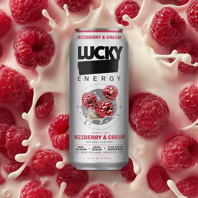 Lucky Energy Sugar Free Energy Drinks Rizzberry and Cream 16oz Cans (12-Pack) Healthy Zero Sugar Energy Drink with Maca Ginseng Beta-Alanine Taurine &amp 200mg Caffeine