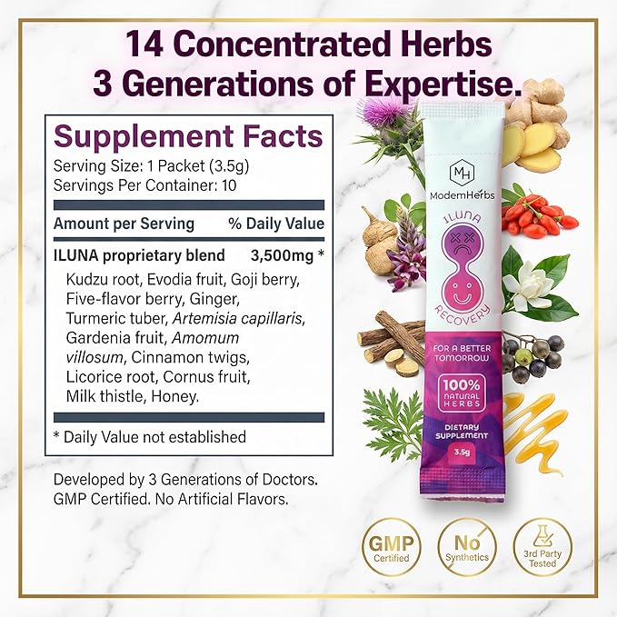 ILUNA Recovery Fast-Acting Herbal Hangover Relief – Premium Milk Thistle with Detox Herbs &amp Natural Pebbles – Liver Support &amp Inflammation Balance – Max Strength (10 Pk)