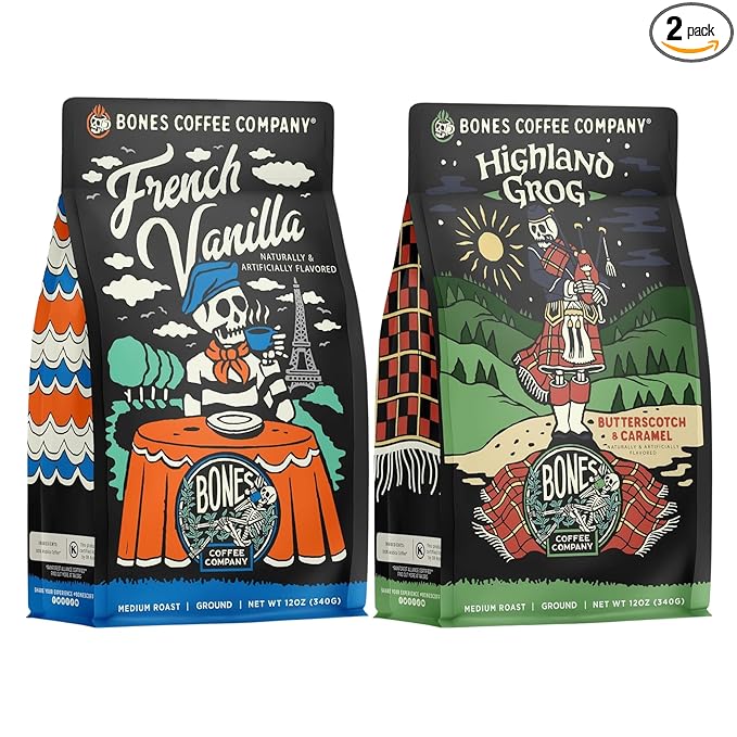 Bones Coffee Company French Vanilla Creamy Vanilla and Highland Grog Butterscotch Caramel Flavored Coffee Medium Roast Low Acid Arabica Beans 12 Oz Ground