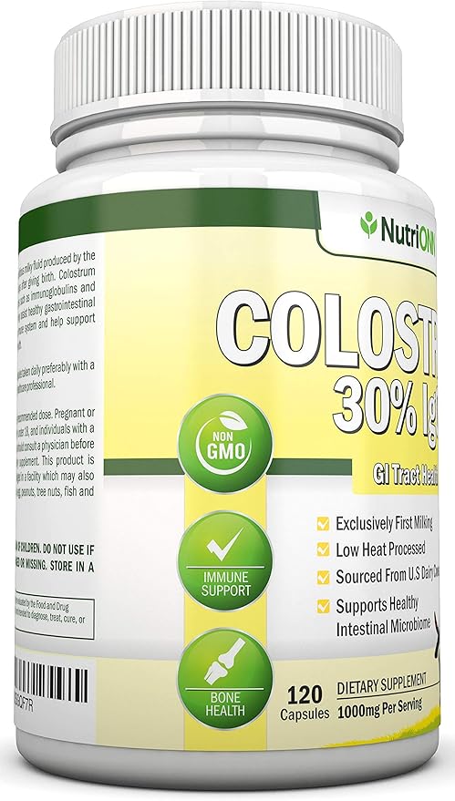 Colostrum - 1000mg - 120 Capsules - 30% IgG - Non-GMO US Dairy - First Milking Bovine Colostrum - Low Heat Processed - Great for GI Tract Health - Immune Support - Bone and Muscle Health