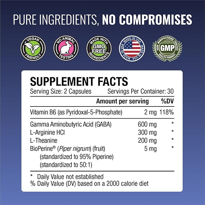 Approved Science GABA+ - Promote Calm Improve Sleep Boost Mood - GABA L-Theanine L-Arginine Vitamin B6 BioPerine - High Absorption - 60 Capsules - Vegan