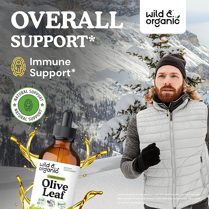 Wild &amp Organic Olive Leaf Extract Liquid Drops - Immune &amp Antioxidant Support - Oleuropein Supplement - Add to Tea Olive Leaf Tincture - Vegan Sugar &amp Alcohol Free - 4 fl oz