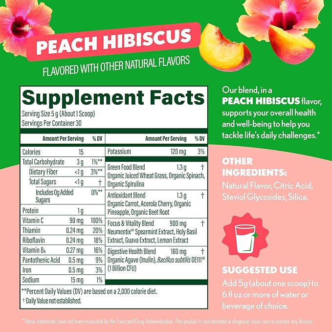 Amazing Grass Sweet Greens and Superfoods Powder for Digestive Health Greens Powder Digestive Enzymes Probiotics Spirulina Chlorella Peach Hibiscus 30 Servings