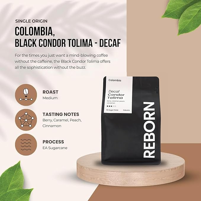 Reborn Coffee Specialty Whole Bean Decaf Coffee Medium Roast 12 Ounce Colombia Condor Tolima Flavor Notes of Berry Caramel Peach and Cinnamon