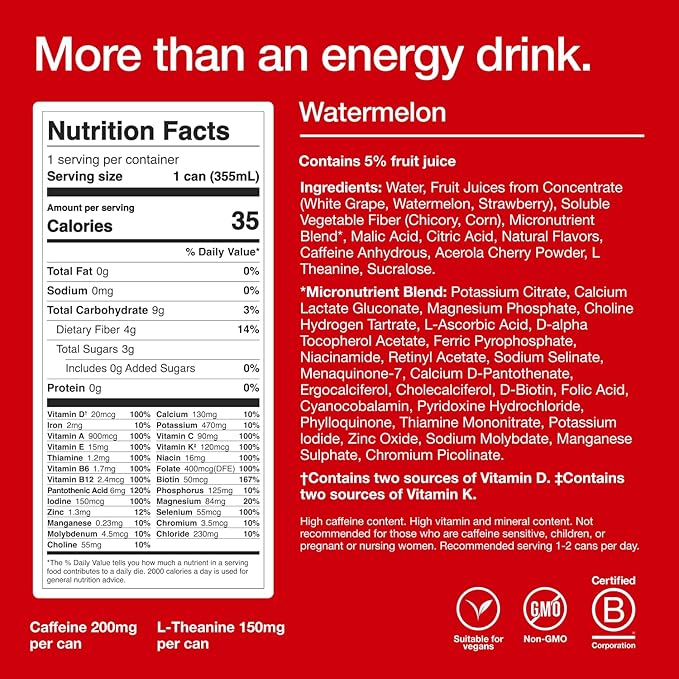 Huel Energy+ | Watermelon Energy Drink | Refreshing Plant-Based Drink with Real Fruit | 200mg of Caffeine and 27 Vitamins &amp Minerals | 35 Calories per 12 FL Oz 12 Pack