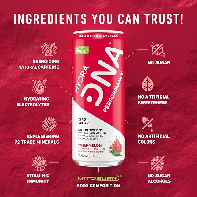 HYDRADNA- Clean Performance Drink Zero Sugar | For Natural Fuel Alertness Boost Stamina120 mg Organic Caffeine Natural Flavors Zero Sucralose Clean Ingredients (12 Pack) (12 Pack Watermelon)