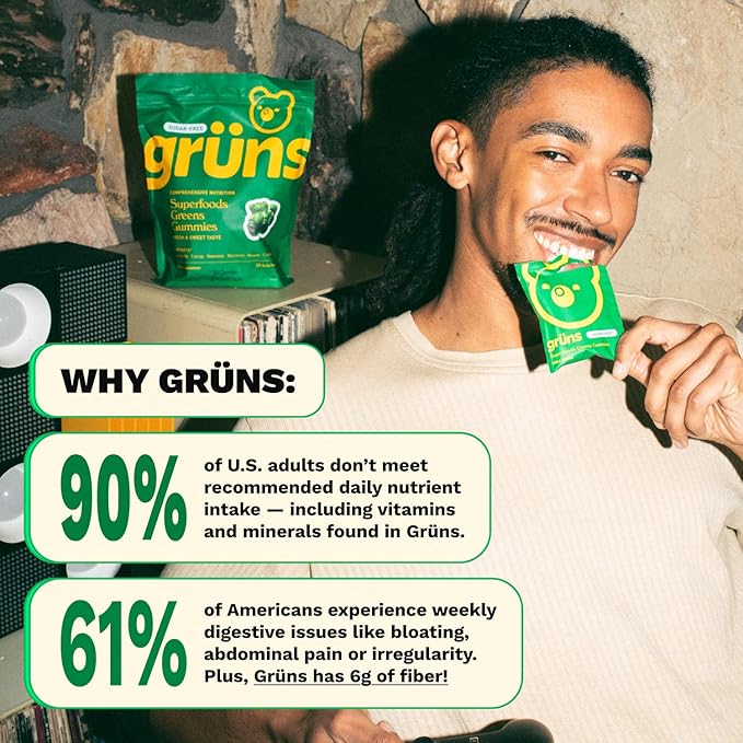 Gruns Adult Sugar-Free Super Greens Multivitamin Gummies Superfood Gummy Vitamins for Women and Men with Spirulina Chlorella Adaptogens &amp Prebiotic Fiber for Digestive Health (28 Count)