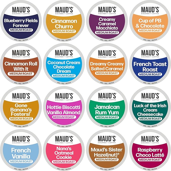 Maud's Super Flavored Coffee Pods Variety Pack 80 ct 16 Assorted Flavors Medium Roast Flavored Coffee in Single Serve Pods – 100% Arabica Beans Compatible with Keurig K Cups Maker
