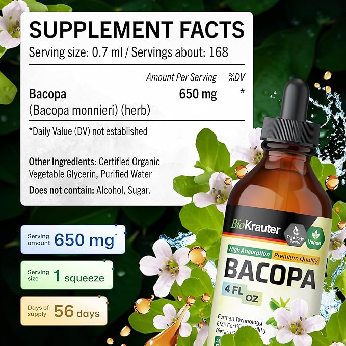 BIO KRAUTER® Bacopa Monnieri - Liquid Drops Bacopa Extract (Brahmi Powder) 650 mg per Serving 4 Fl.Oz 56-Day Supply - Pure Vegan Brain Supplement Supports Calm Focus &amp Memory - Alcohol &amp Sug