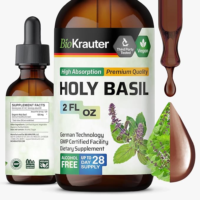 BIO KRAUTER® Holy Basil for Calm &amp Relaxation Support - Vegan Holy Basil Supplement 625 mg per Serving for Mood Support - 2 Fl.Oz. 28-Day Supply Alcohol &amp Sugar Free Herbal Adrenal Supplemen
