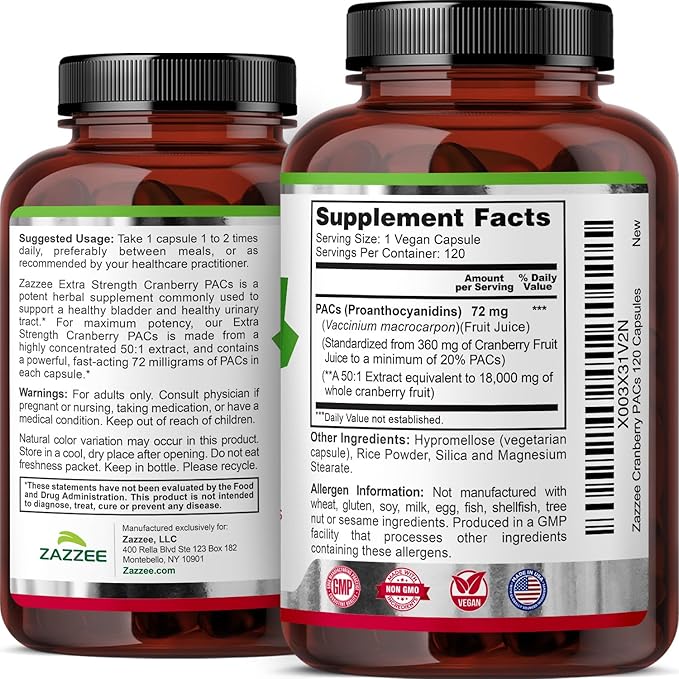 Zazzee Cranberry PACs 72 mg per Capsule 50:1 Extract 120 Vegan Capsules 2X Strength 4 Month Supply Fast-Acting Effective Urinary Tract &amp Bladder Support 100% Soluble PACs Made in the USA