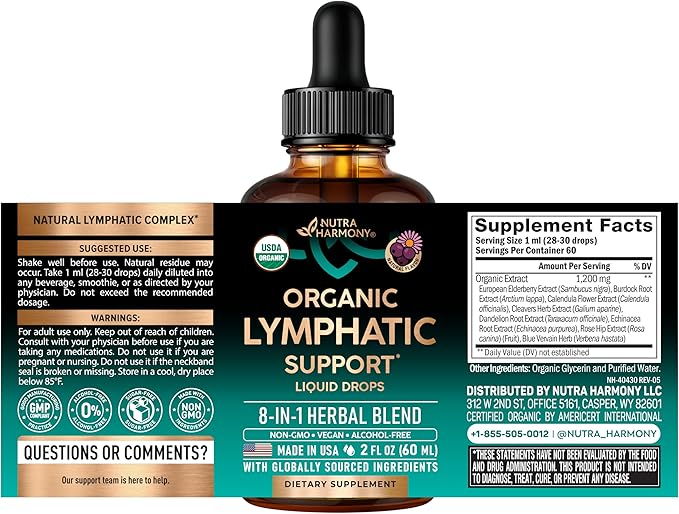 USDA Organic Lymphatic Drainage Supplement - Echinacea | Elderberry | Dandelion | Rosehip | Cleavers | Calendula | Burdock - Made in USA - Lymph System Drops - Immune Support Cleanse &amp Detox 2 f