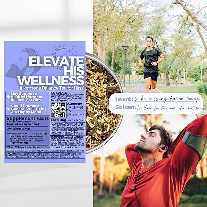 Healthy Hormone Balance Loose Leaf Tea For Him w/ Ashwagandha Saw Palmetto Berry | Organic Herbal Tea | 2 oz (57 gram) | Decaf Vegan Healthy No Caffeine Organic Herbs No Natural or Artificial F