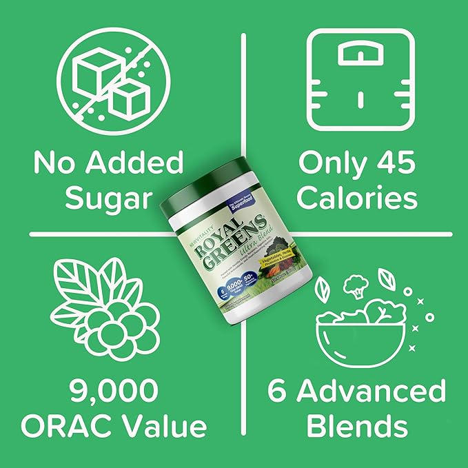 New Vitality Royal Greens Superfood Powder | Healthy Veggie Powder with Probiotics Enzymes Antioxidants Wheat Grass &amp Greens 10.75oz (30 Day Supply)