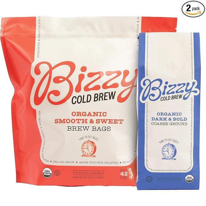 Bizzy Organic Cold Brew Coffee | Bundle | Coarse Ground Coffee | Dark &amp Bold 1 LB + Smooth &amp Sweet Pitcher Pack 12-count | 2 Pack