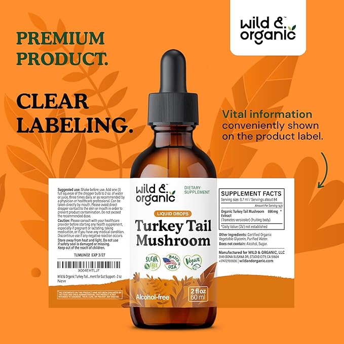 Wild &amp Organic Turkey Tail Tincture - Immune &amp Gut Support - Turkey Tail Mushroom Extract Drops - Vegan Sugar &amp Alcohol-Free Liquid Supplement - 2 fl oz