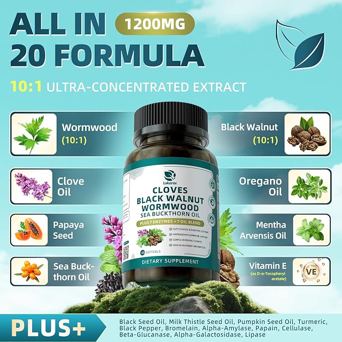Lukaree Wormwood Black Walnut Clove Cleanse for Humans Softgels 20-in-1 Extra Strength | Gut Cleanse &amp Digestive Health w/ 7 Oils &amp 7 Enzymes | 10X Concentrated Men &amp Women Natural Herb
