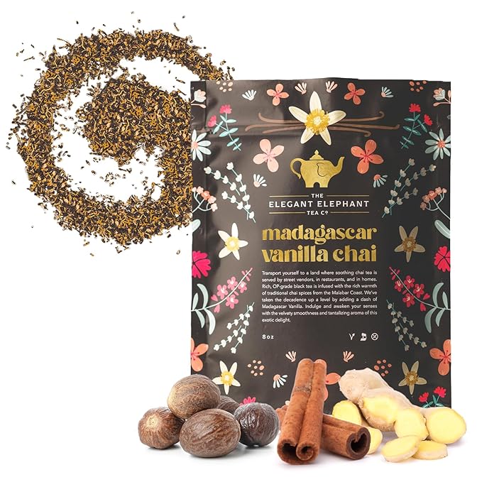 Madagascar Vanilla Chai Tea Organic Loose Leaf Chai Tea – Black Tea with Chai Spice Blend – Great Hot or Iced Chai Latte – 8 oz Resealable Bag (Makes 100 Cups) – The Elegant Elephant
