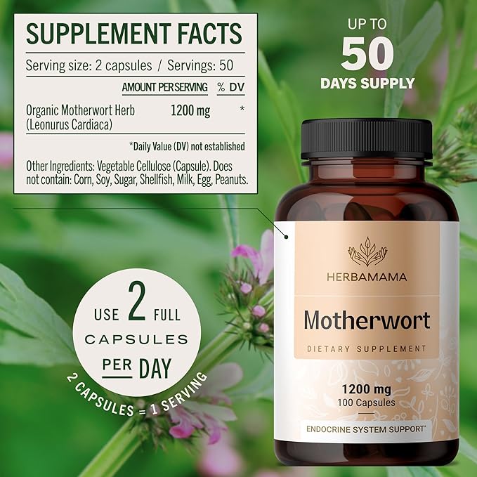 HERBAMAMA Motherwort Capsules – Natural Menopause Supplements* for Women – 1200mg Motherwort Herb Powder per Serving for Women's Mood &amp Calm Support – Vegan Non-GMO – 50-Day Supply