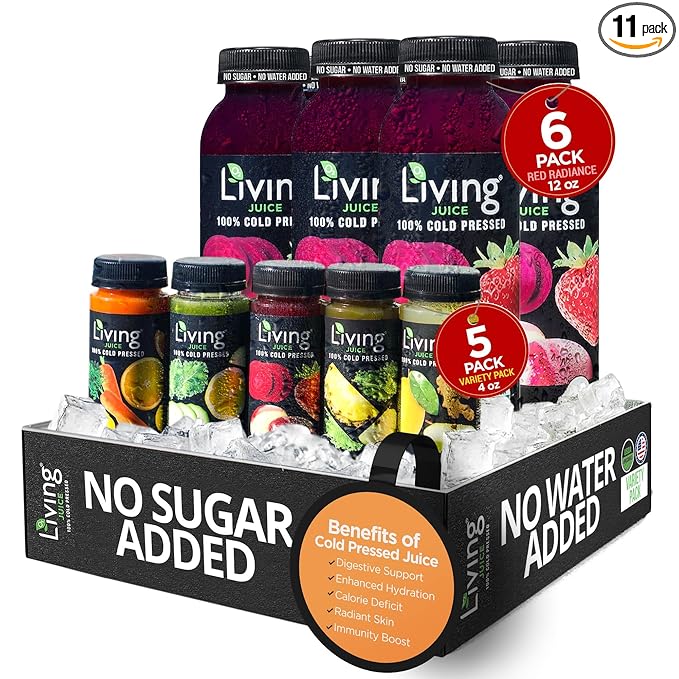 O2 Living Juice Cold Pressed Drink - Red Radiance Organic Juice Variety Pack - No Added Sugars or Water Naturally Sweetened from Fruits Rich in Nutrients &amp Vitamins - 12oz (6-Pack) + 4oz (5-Pack