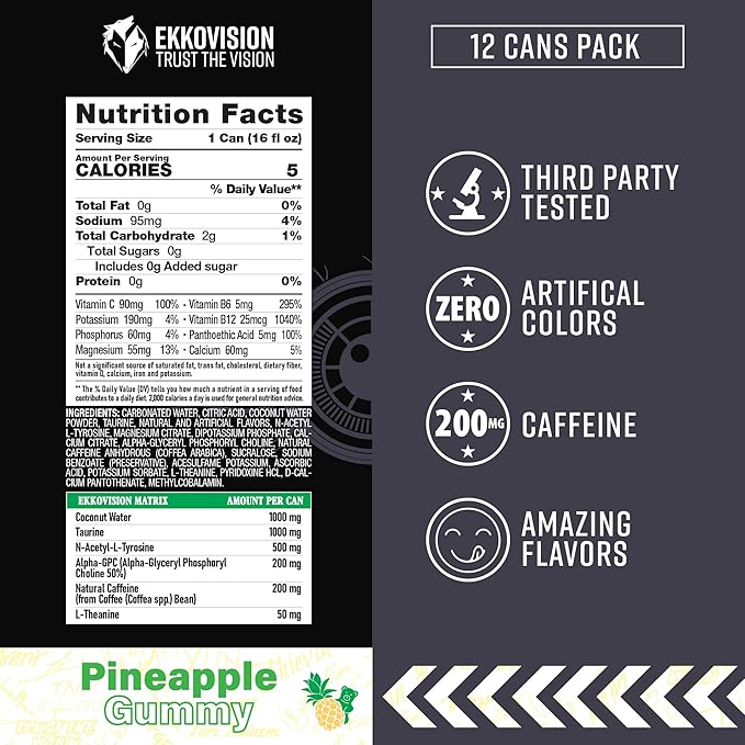 Ekkovision Energy Drink Pineapple Gummy 200 MG Natural Caffeine With Coconut Water L Theanine Alpha Gpc &amp L Tyrosine For Balanced Energy Electrolytes &amp Smooth Hydration 16 Fl Oz Can 12