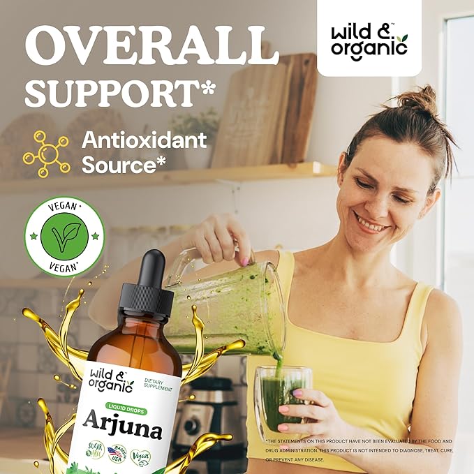 Wild &amp Organic Arjuna Bark Extract Drops - Antioxidant Support - Terminalia Arjuna Extract Supplement - Add to Tea &amp Mix with Powder - No Sugar &amp Alcohol Non-GMO Vegan - 4 fl oz