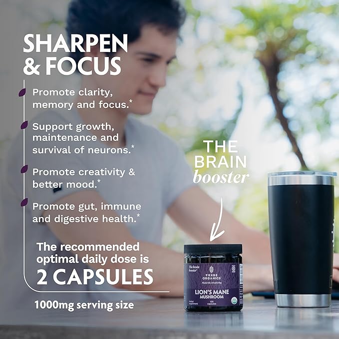 TRIBE ORGANICS Lion’s Mane Supplement 1000mg Mushroom Extract Powder - Immune System Booster &amp Brain Nootropic for Focus and Memory | Mental Clarity | Natural Energy and Immunity - 120 Vegan Capsu