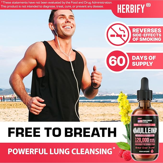 HERBIFY Mullein Drops - Lung Cleanse - Leaf Extract - Powerful Mullein for Immune Support Detox &amp Respiratory Support - Made in USA - 4 Oz Raspberry Flavor