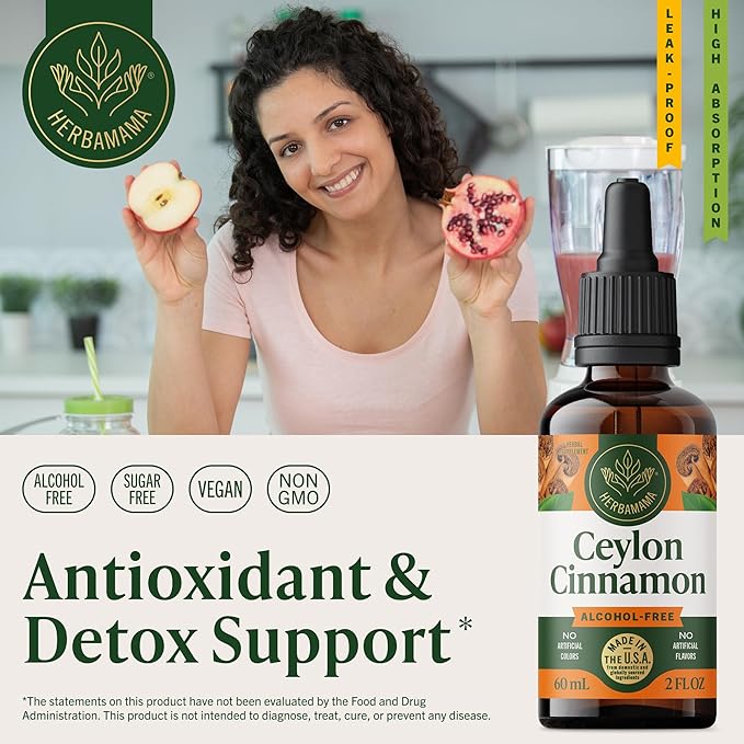 HERBAMAMA Ceylon Cinnamon Extract Liquid - Cinnamon Drops for Overall Support - Non-GMO Alcohol &amp Sugar-Free Antioxidant Tincture 42-Day Supply