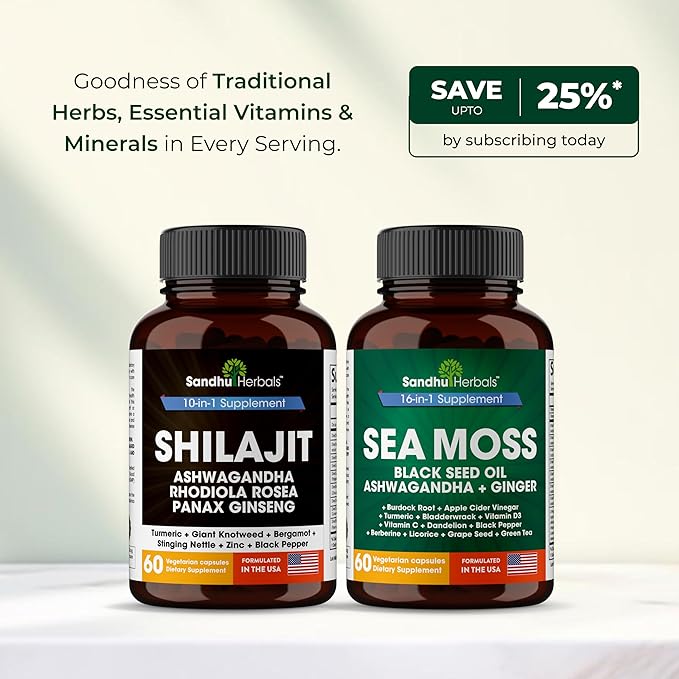 Shilajit Sea Moss Ashwagandha Combo Bundle - Black Seed Oil Turmeric Rhodiola Rosea Panax Ginseng Supplement | 120 Capsules Better Than Gummies Resin | Seamoss for Men &amp Women