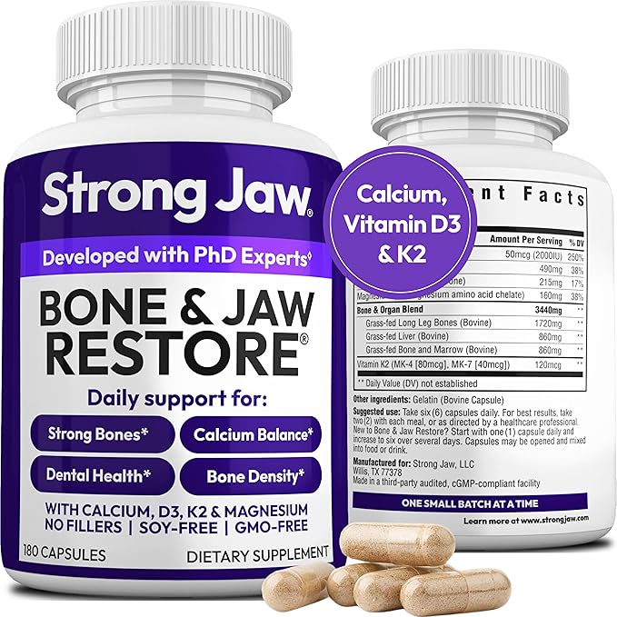 Bone &amp Jaw Restore – Calcium Supplements with Vitamin D3 K2 &amp Magnesium | Non-GMO | Bone Builder &amp Nutrition Support for Women &amp Men | Density Support Formula | 180 Capsules Bottle