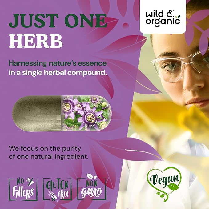 Wild &amp Organic Passion Flower Capsules 600 mg - Relaxation &amp Mood Support - Passionflower Extract Supplement - Passiflora Incarnata Herb - Vegan No Fillers Non-GMO - 60 Count