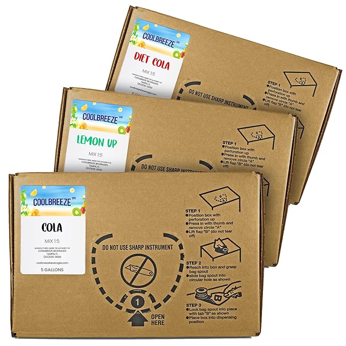 Coolbreeze Beverages 3 Pack Soda Syrup – 5 Gallon Bag-in-Box BIB – Cola Diet Cola &amp Lemon Lime Fountain Syrup Concentrate for Restaurants &amp Concessions