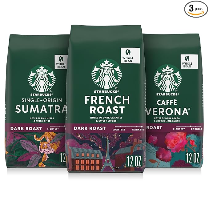 Starbucks Whole Coffee Beans Dark Roast Hot or Iced Coffee Variety Pack Three 12 oz Bags