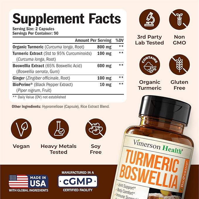 Boswellia Serrata Turmeric Supplement for Joint Support &amp Inflammation Balance – Turmeric Boswellia Supplement with Ginger &amp Black Pepper Extract for Enhanced Absorption – Non-GMO - 180 Capsul