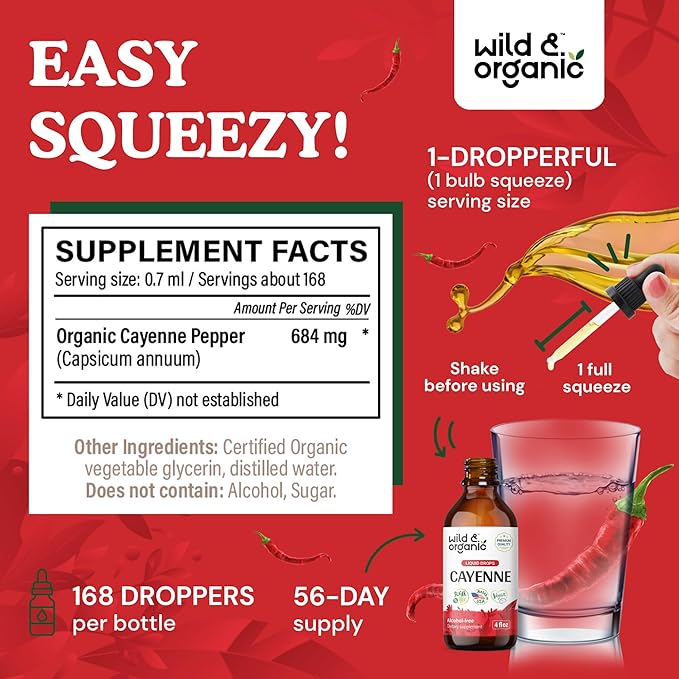 Wild &amp Organic Cayenne Pepper Tincture - Digestive Support with Capsaicin Extract - Cayenne Pepper Liquid Drops for Overall Well-Being - Vegan Sugar &amp Alcohol-Free - 4 fl oz