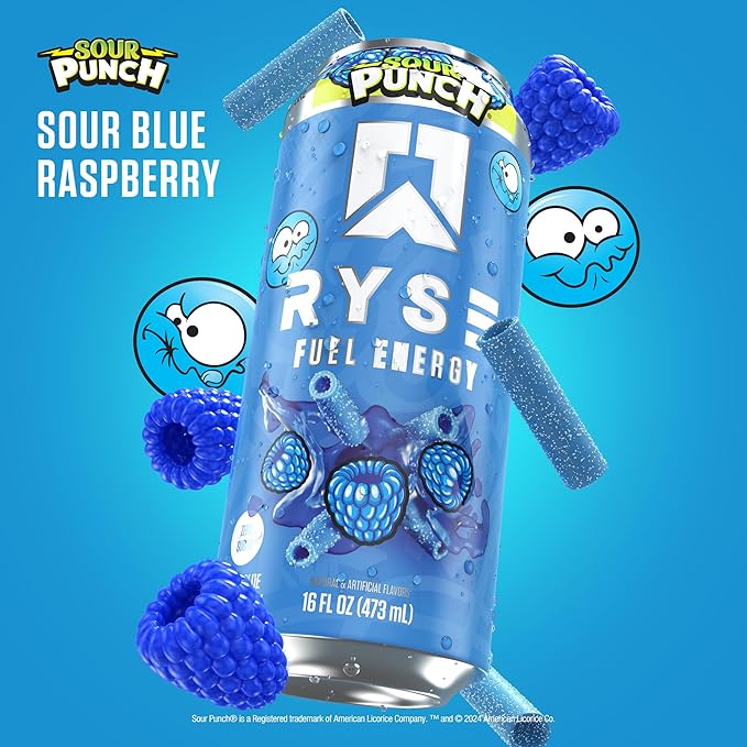 RYSE Fuel Energy Drink - Sour Punch Blue Raspberry - Sugar Free Gluten Free &amp Vegan - 200mg Natural Caffeine Taurine &amp Choline for Focus &amp Energy - No Artificial Colors - 16 fl oz Cans (