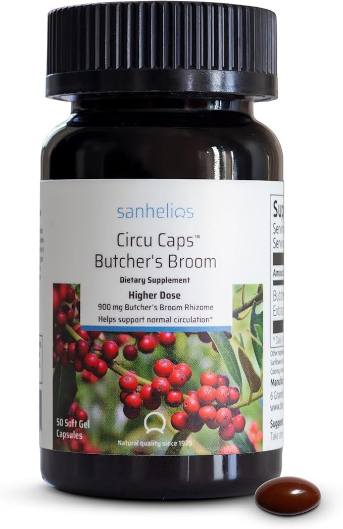 Sanhelios Circu Caps Higher Dose Max Potency Butcher's Broom Extract 900mg - Herbal Support Supplement for Healthy Blood Flow Veins &amp Circulation in Legs - 50 Capsules - 1 Pack