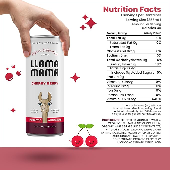 Llama Mama Cherry Berry Organic Sparkling Prebiotic Soda • Gut &amp Immune Support • High Vitamin C Antioxidants • NO Sugar • NO Artificial Sweeteners • NO Stevia • Vegan Plant Fiber • 12 Pack