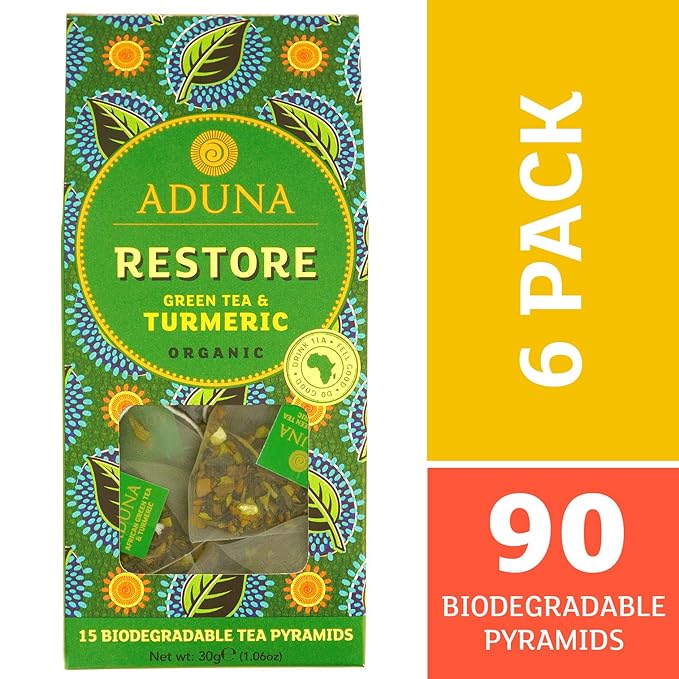 Aduna Organic Restore Green Super Tea | Natural Herbal Infusion With African Green Tea Turmeric &amp Citrus | Superfood Tea for Digestive Health &amp Immunity | 15 Biodegradable Pyramid Bags x 6 Pa