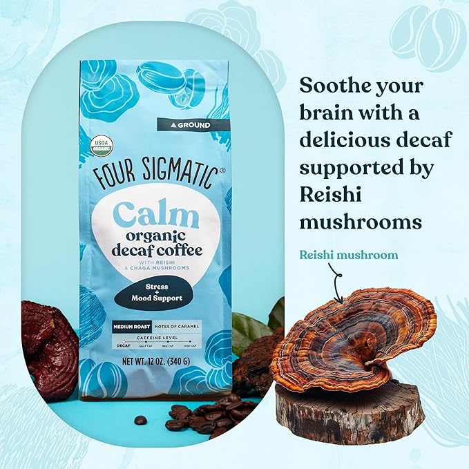 Four Sigmatic Calm Organic Decaf Ground Coffee | Swiss Water Decaf Coffee with Chaga &amp Reishi Mushroom Extracts | 12oz Bag(Pack of 2)