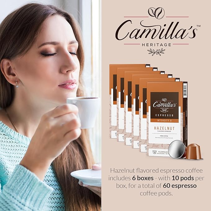 Camilla’s Heritage - Intensity 8 Hazelnut Flavored Espresso Coffee Gourmet Espresso Cups 60 Coffee Pods