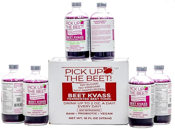 Pick Up The Beet Organic Beet Juice Kvass with Live Probiotics Vegan - Natural Nitric Oxide Boost Fermented Beet Tonic Sugar Cravings Support 16 Ounces 6 Bottles