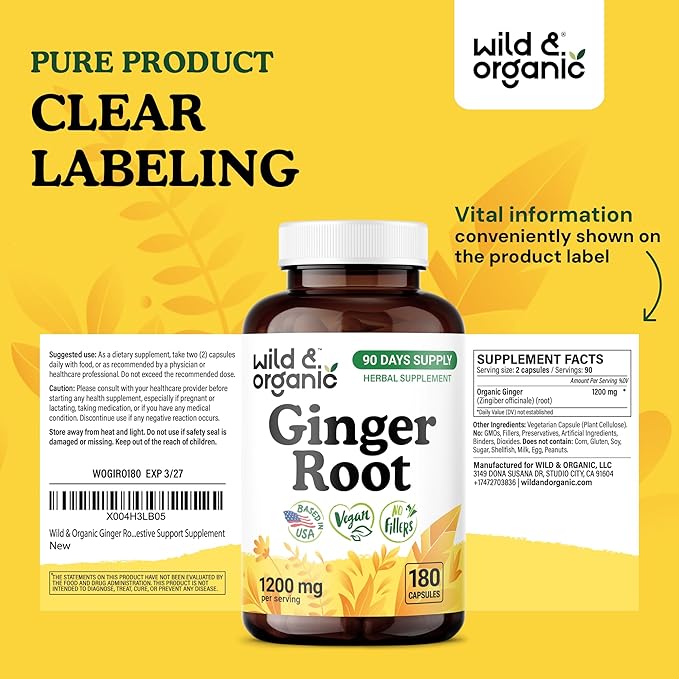 Wild &amp Organic Ginger Root Capsules 1200 mg - Immune &amp Digestive Support - Ginger Root Supplement - Zingiber Officinale Powder - 90 Days of Supply - Vegan No Fillers Non-GMO - 180 Count
