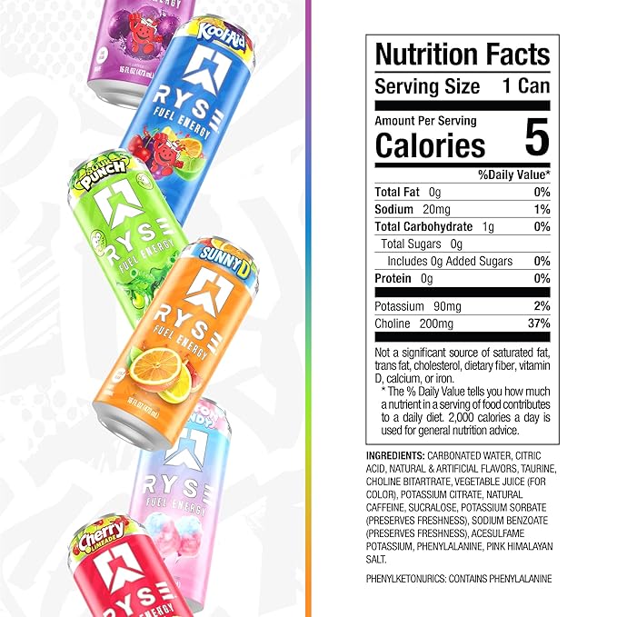 RYSE Fuel Energy Drink - Variety Pack - Sugar Free Gluten Free &amp Vegan - 200mg Natural Caffeine Taurine &amp Choline for Focus &amp Energy - No Artificial Colors - 16 fl oz Cans (12-Pack)