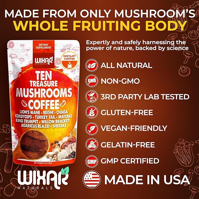 Wixar Mushroom Coffee Blend - Ten Treasure Mushrooms Extract Instant Coffee Powder with Lions Mane Turkey Tail Reishi Chaga Shiitake Maitake Cordyceps Complex - 5oz Mushroom Supplement