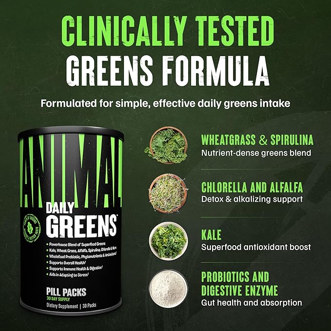 Animal Daily Greens Pill Packs - Kale Wheat Grass Alfalfa &amp More - Convenient Prebiotic and Probiotic Superfood Blend for Superior Digestion Gut Health and Immunity For Men &amp Women - 30 Da