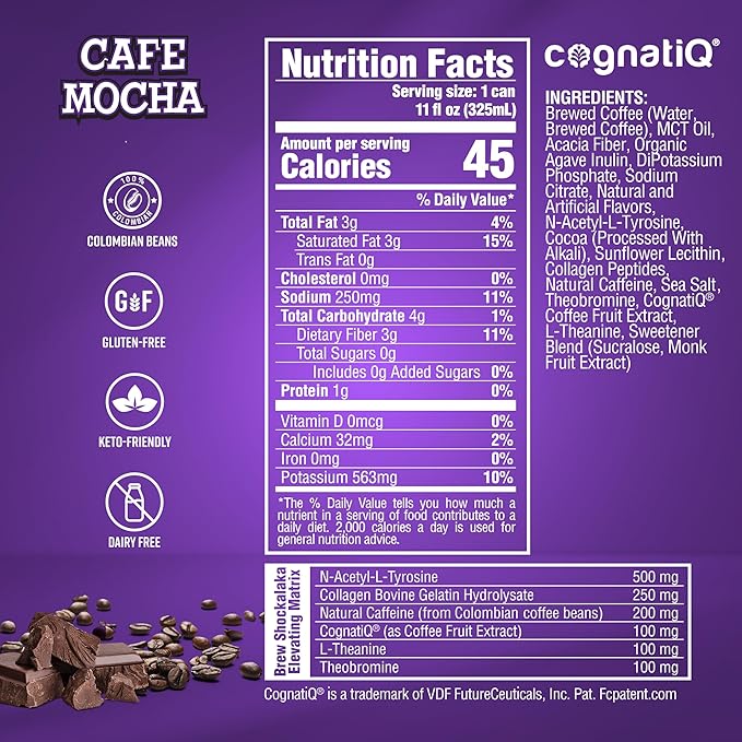 Brew Shockalaka Cafe Mocha Coffee RTD 12-Pack - Nootropic Enhanced Zero Sugar Natural Caffeine + CognatiQ Coffee Evolved (11 FL OZ) (Cafe Mocha)