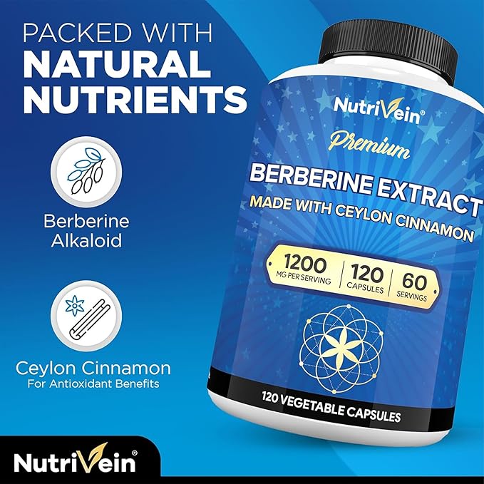 Nutrivein Premium Berberine 1200 mg with Ceylon Cinnamon - 120 Capsules: High-Absorption Berberine Supplement for Defenses Digestion &amp Metabolism
