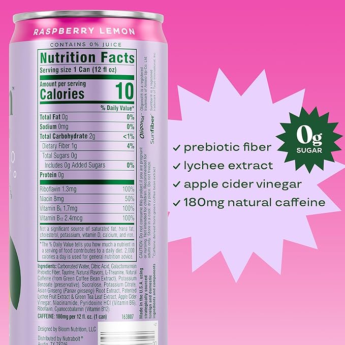 Bloom Nutrition Sparkling Energy Drink for Focus Natural Caffeine Zero Sugar 180mg Caffeine Antioxidant-Rich with Green Coffee Bean Green Tea Extract &amp Prebiotics Raspberry Lemon 12oz 24 Pa